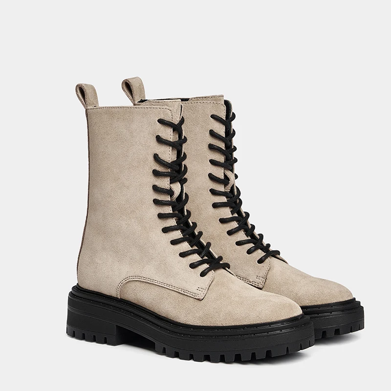 MOOQDAAX 2023 New Autumn Winter Women Fashion Genuine Leather British Style Lacing Short Boots Simple Casual Shoes Martin Boots