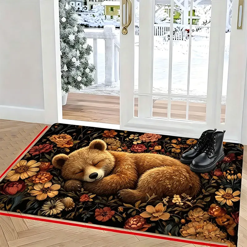 1 Spring Fox Floral Print Welcome Doormat, Non-Slip Mat, Machine Washable, Home Decor Suitable for Garden, Patio, Courtyard Entrance