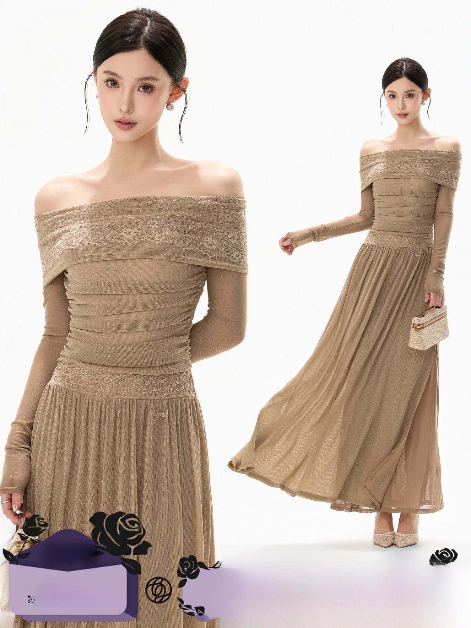

CYNR Original Design Lace One-oulder Slimming Dr Ele Ladylike Long Skirt Nylon Fabric Long Sve A-Line Dr