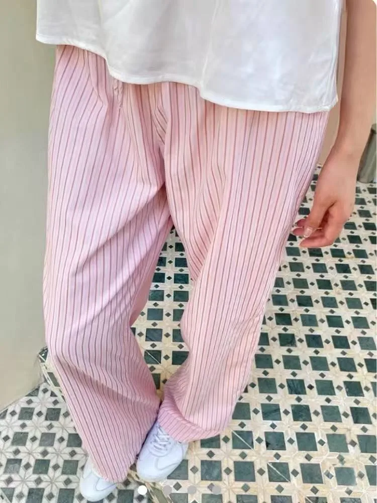 

Розовые полосатые прямые спортивные штаны на шнурке, женские новые хлопковые и льняные брюки с высокой талией Y2K, милые спортивные длинные брюки в консервативном стиле