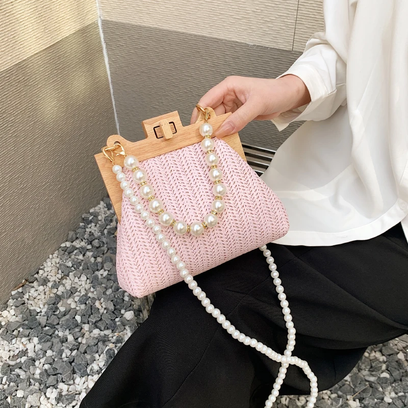 

Brand Designer Straw Clip Shoulder Crossbody Bags Women Pearl Chain Handbag Purses 2023 New Ladies Messenger Bags High Quality