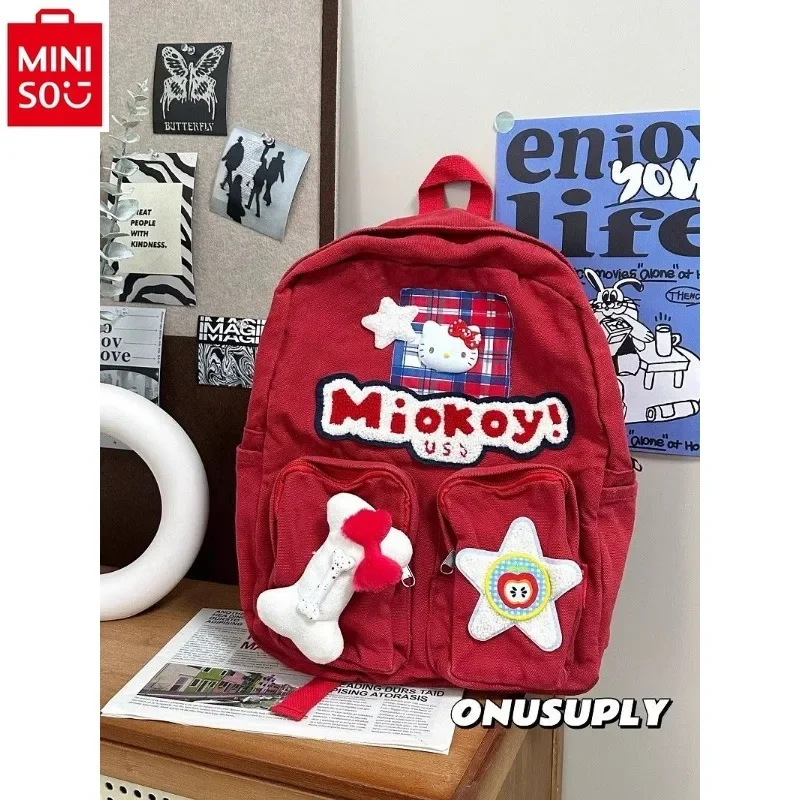 MINISO mochila escolar Retro de dibujos animados, bonita mochila de Hello Kitty para estudiantes, dulce y versátil, moda