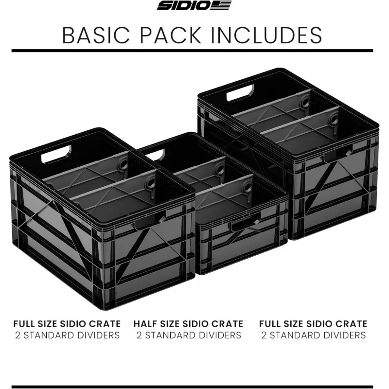 Crate Basic - 2 Full-Size & 1 Half-Size Heavy Duty Stackable Storage Bins, Totes and Containers with Dividers - Durable Pla