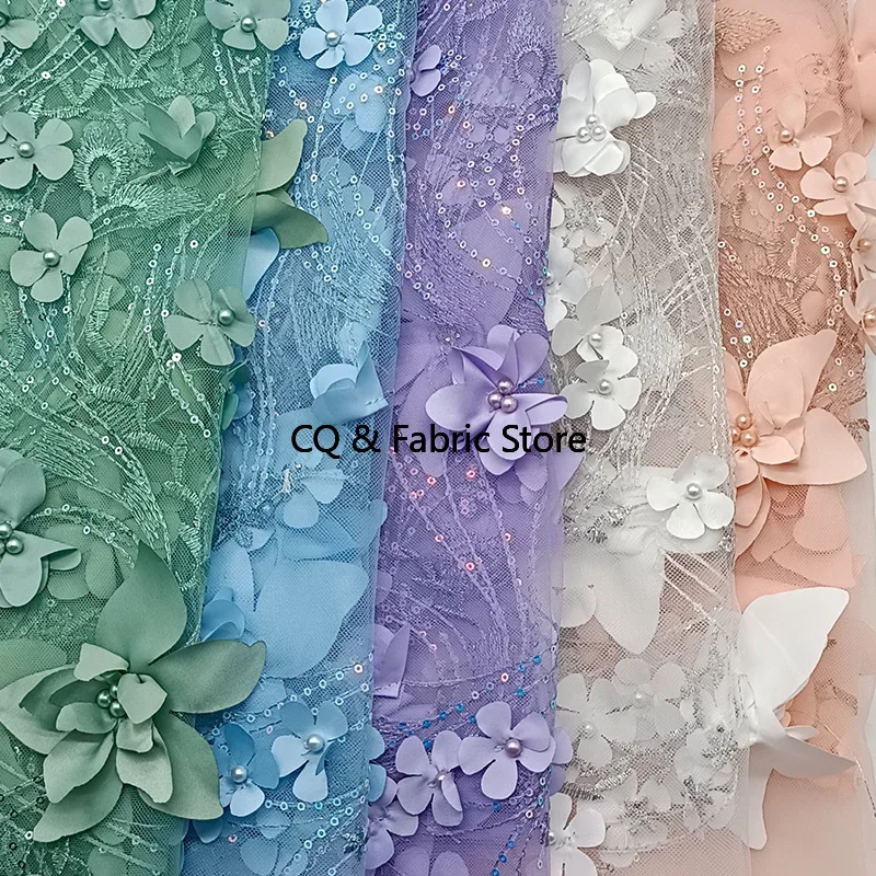 

French Style Three-dimensional Laser Flower Nail Bead Embroidery Mesh Lace Fabric Wedding Dress Children's Clothing Skirt Fabric
