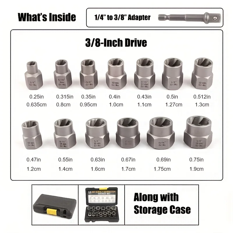 14 Pieces Impact Bolt & Nut Remover Set Cr-Mo Steel Bolt Extractor Tool Set with Solid Storage Case for Industrial Drop Shipping