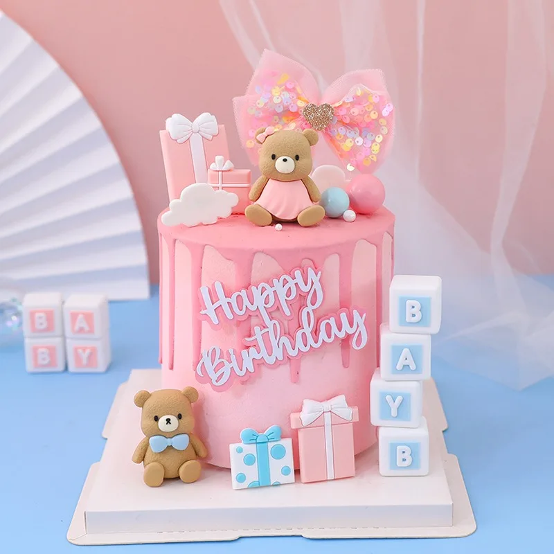 Pink Skirt Bear Blue Tie Cake Decoration BabyShower Boy Girl Birthday Cupcake Topper Baby Bear Happy Birthday Party Favor