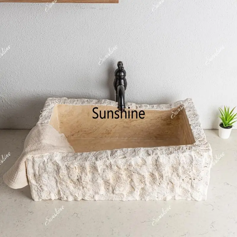 Natural Travertine Gold Marble Bathroom Sink - Irregular Shape Vanity Basin for Hotel Villa Courtyard, Unique Stone Wash Basin