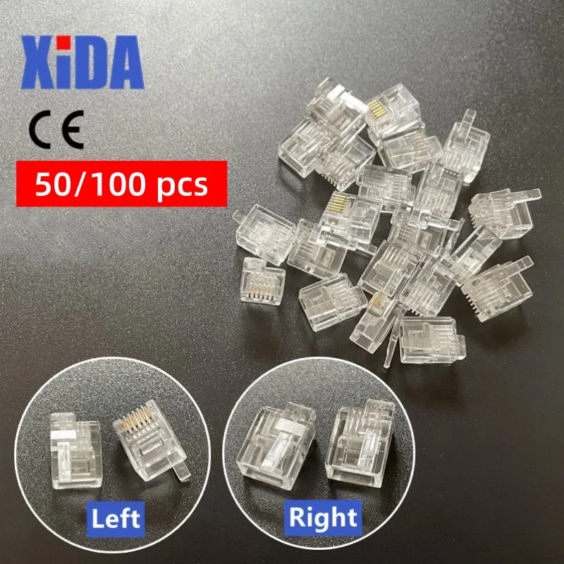 50/100PCS RJ11 RJ12 Connector 6P6C Telephone Internet Left Right Buckle Cable Plug DIY EV3 NXT Cable Plug Crystal Heads Gold 6U