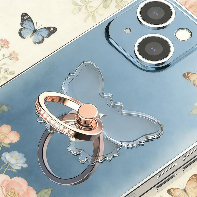 

Mobile Phone Clear Finger Ring Holder for iPhone 17 Xiaomi Folding Butterfly Phone Stand Sticker Transparent Sakura Ring Bracket