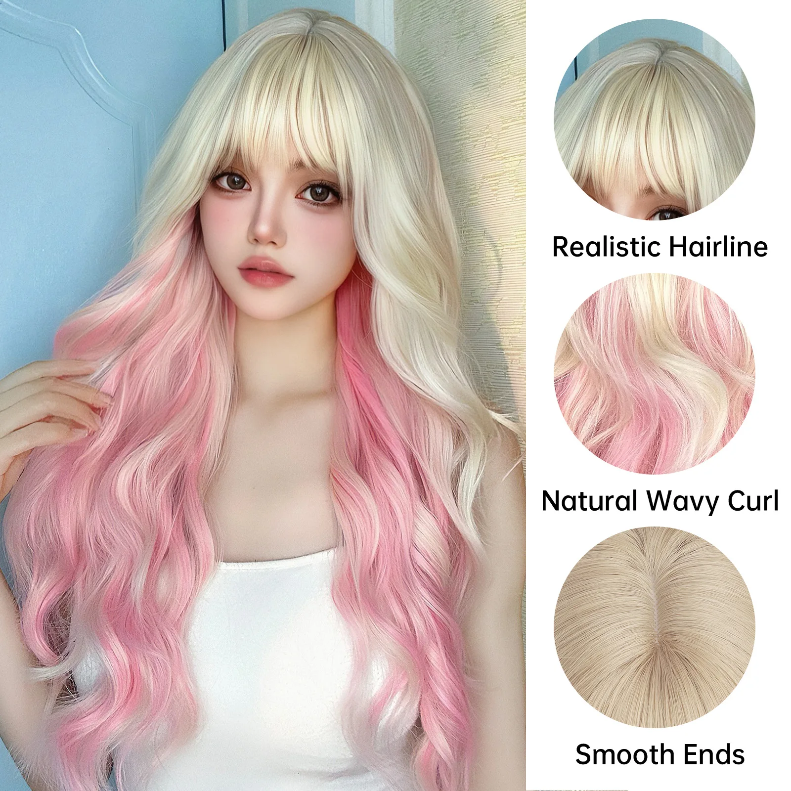 Long Wavy Mixed Pink Wig for Women Daily Party Synthetic Wigs with Bangs For Women Cosplay Lolita Party Wig