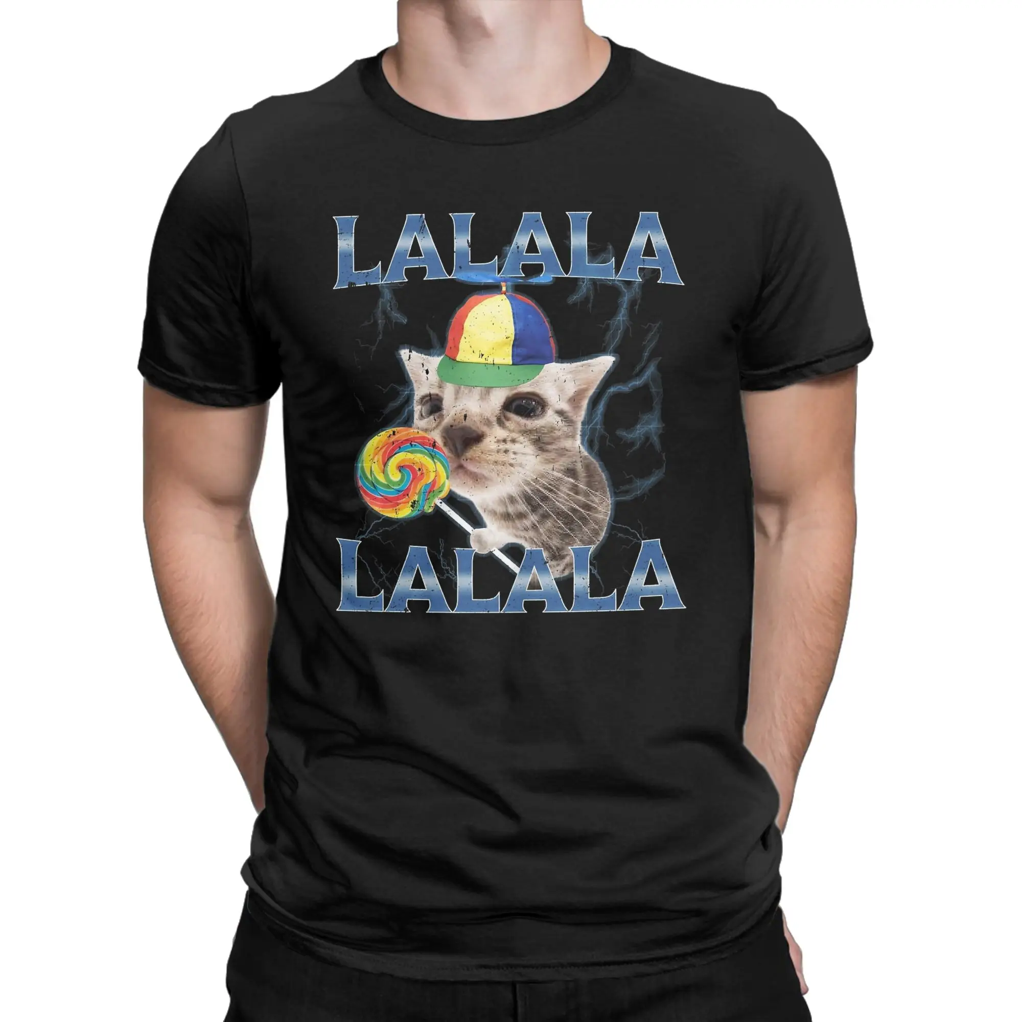 Silly Lalala Cat Meme With Propeller Hat And Candy T Shirt Beach Cotton T-Shirts For Male Harajuku Casual Tee Shirt Vintage Tees