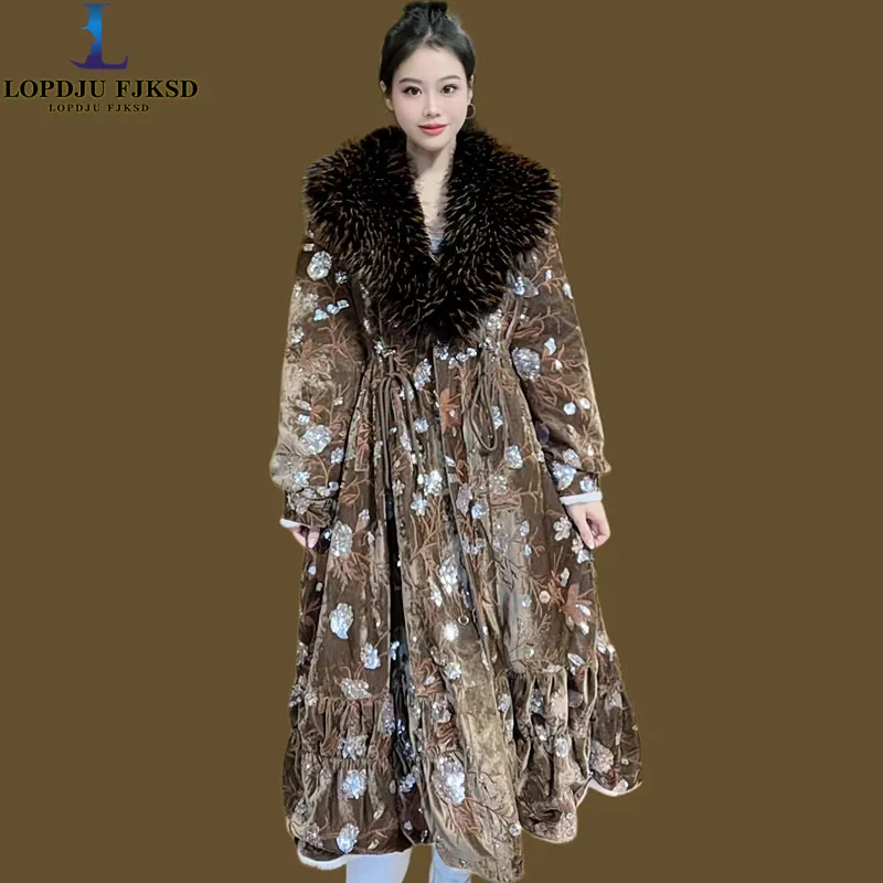 Kunstpelzmantel für Damen, Jacke mit überzogenen Knöpfen, Fuchspelzkragen-Outwear, verstellbare Taille, Pailletten, Herbst und Winter, 2025
