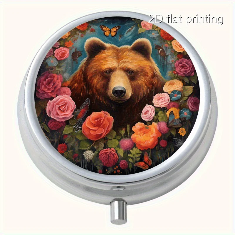 Rose Bear Creative Printed Pattern Round Metal Box with 3 Compartments, Portable Mini Metal Box, Vitamin Metal Box, Portable Metal Box for Home and Travel, Multi-Functional Compartmentalized Storage Box for Decorations, Earrings, and Jewelry, Multi-Compartment Small Metal Box, Sealed and Moisture-Proof, Unique Holiday Gift for Family and Friends