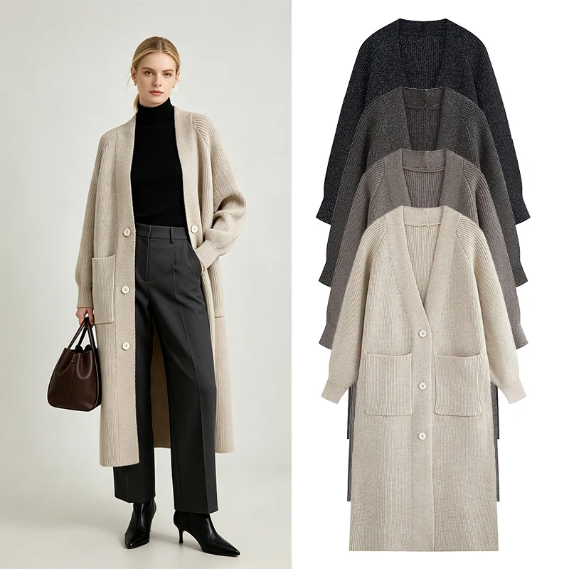 Women Long Knit Cardigan V-Neck Button Down Coat Loose Fit Patch Pockets Sweater Casual Autumn Winter Warm Outerwear Top