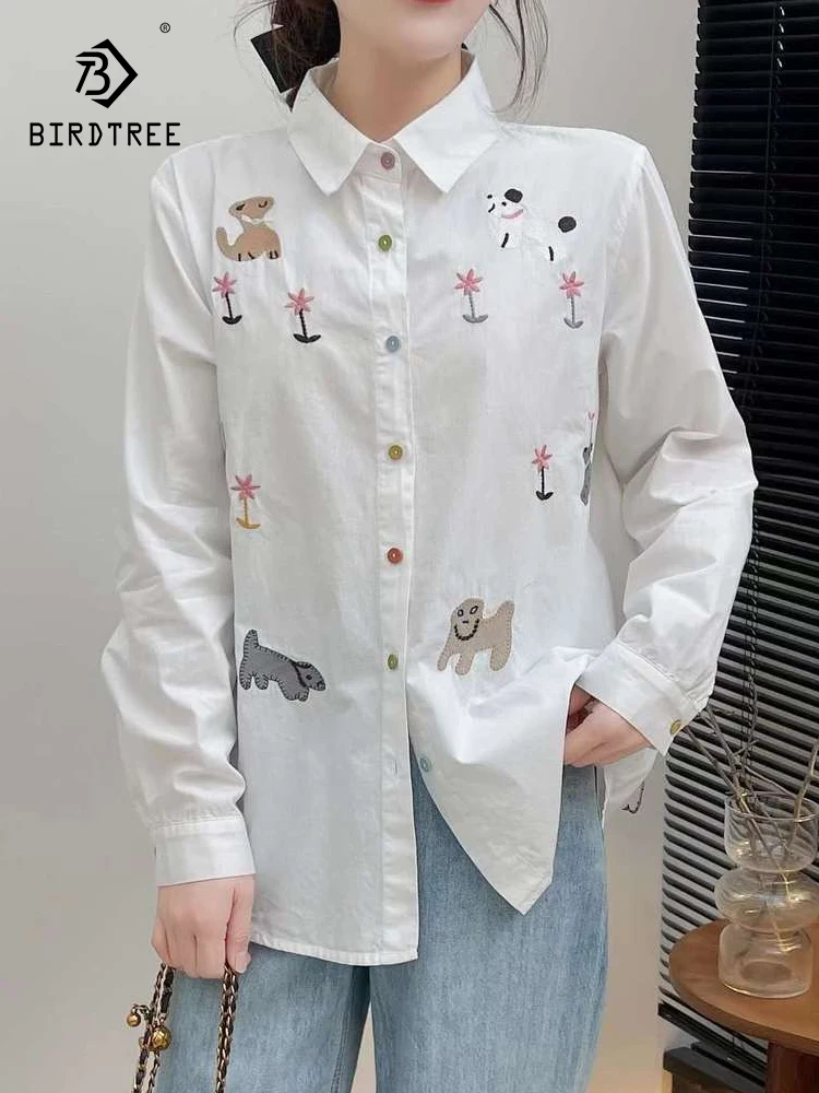 

Новая женская хлопковая рубашка с длинным рукавом Весна 2026, с отложным воротником, вышивкой щенка, в стиле Mori Girl, свободная блузка для создания молодежного образа T62488CC