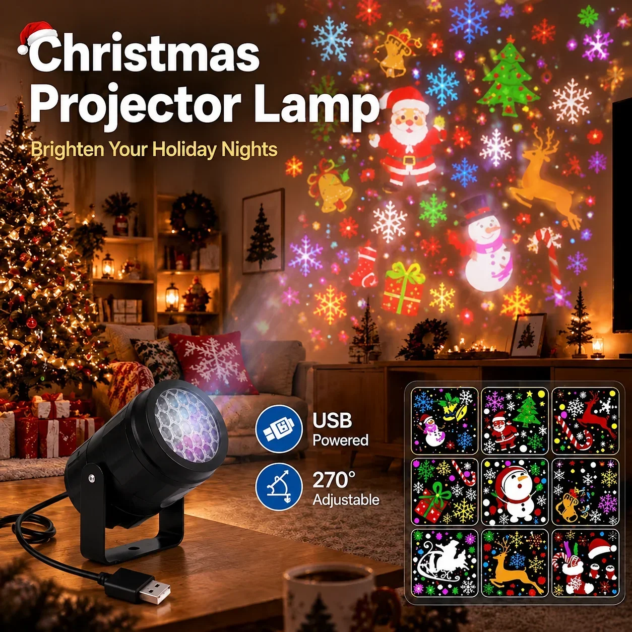 16 Pattern Christmas Dynamic LED Projector Light USB Powered Rotating Projection Night Light for Indoor Holiday Party Xmas Decor