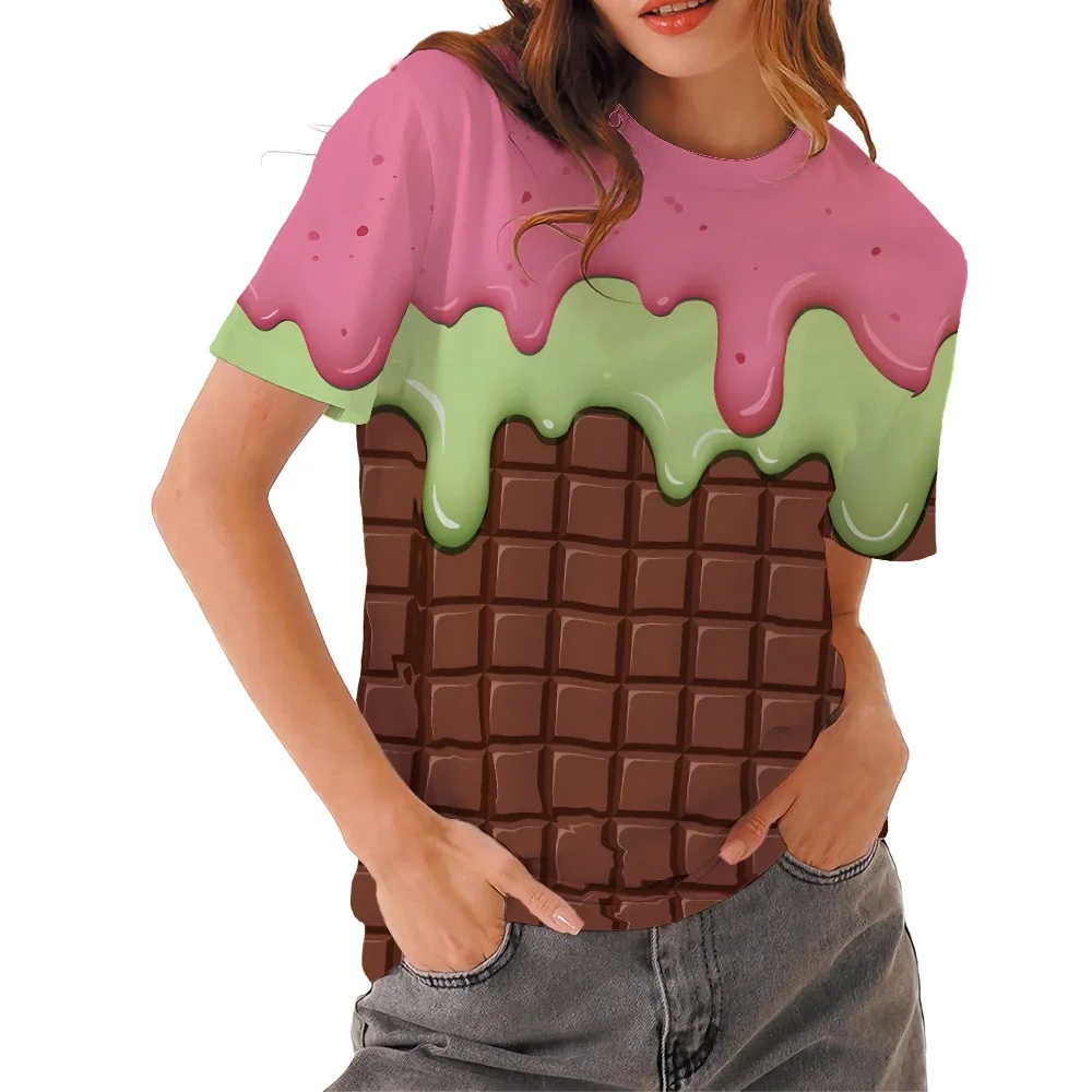 Melting Ice Cream Pattern Full Body Printed T Shirt  Fashion Personality Color Men Women Crew-Neck Tops Trend Unisex Tiki Tee