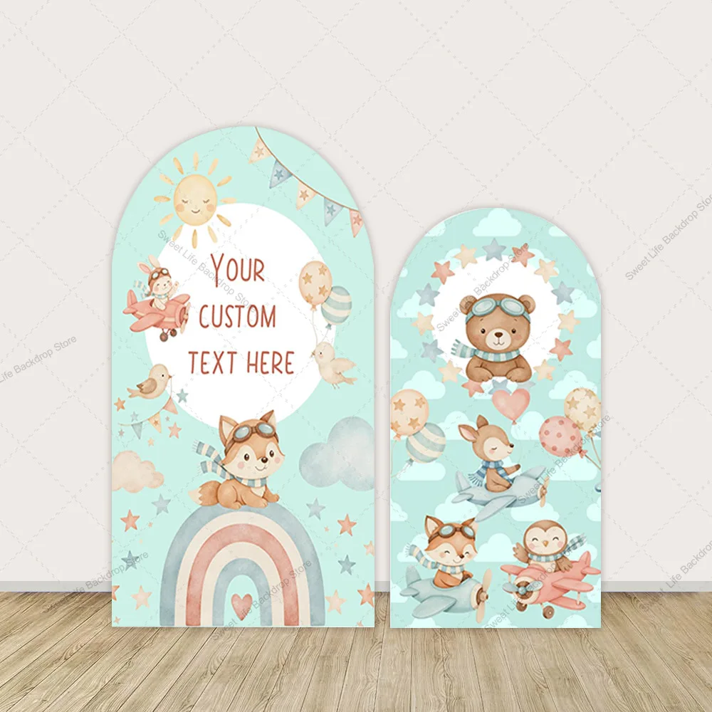 

Мультфильм животных тема арочный чехол фон Радужные облака вечерние украшения самолет медведь детский душ арочный фон на заказ