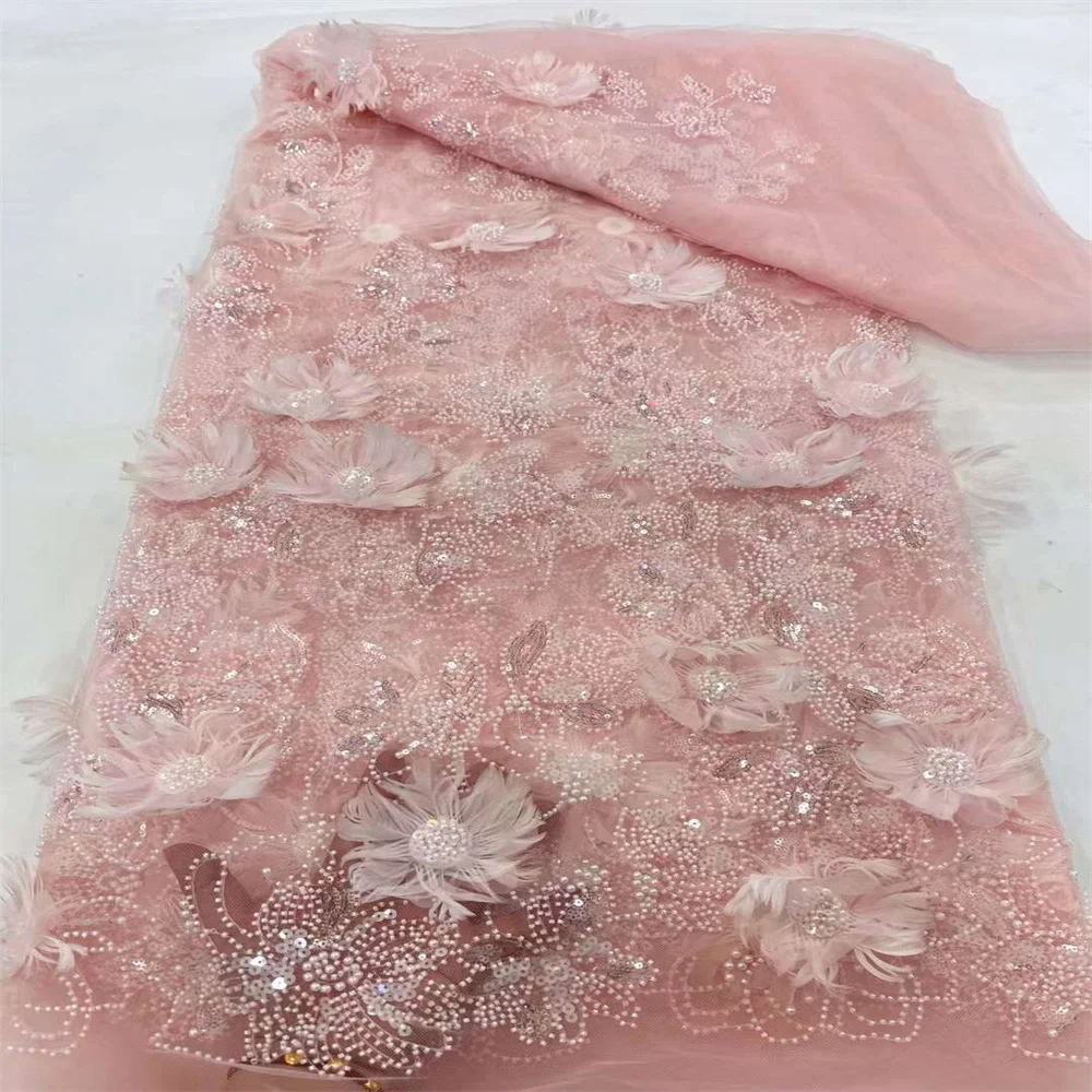 

French Tulle Lace Fabric 2024 High Quality Lace Beaded Sequins 3D Flower Embroidery African Lace Fabric for Bridal Wedding Dress