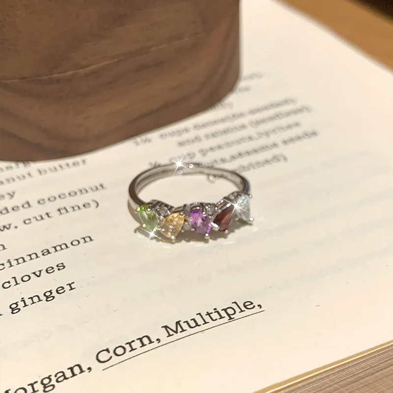 Authentic 925 Sterling Silver Elegant Resizable Size Ring for Women Girl Lady Natural Multicolor Gemstone Rainbow Garnet Peridot