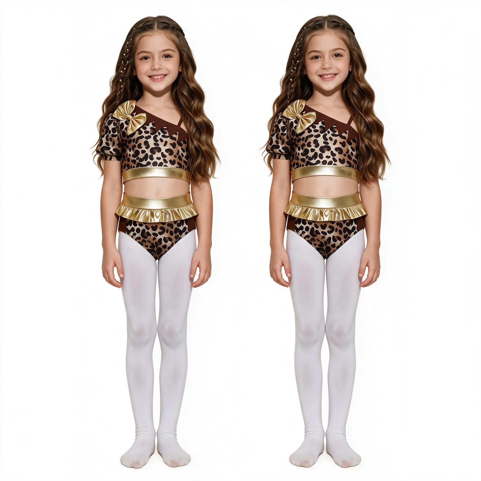 Kids Girls Halloween Caveman Primitive Tribe Cavegirl Costume Metallic Print Crop Top with Briefs for Dance Theme Party Dress Up