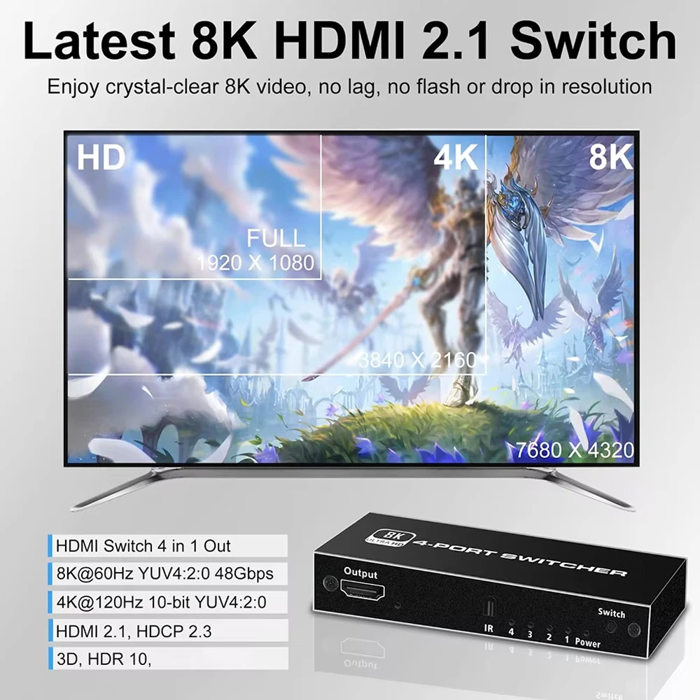 8K HDMI 2.1 Switcher Selector 4 in 1out 4K 120Hz HD Switch HDMI Splitter 4 In 1 Out 3 In 1 Out for laptop PC Switch TV Box PS5