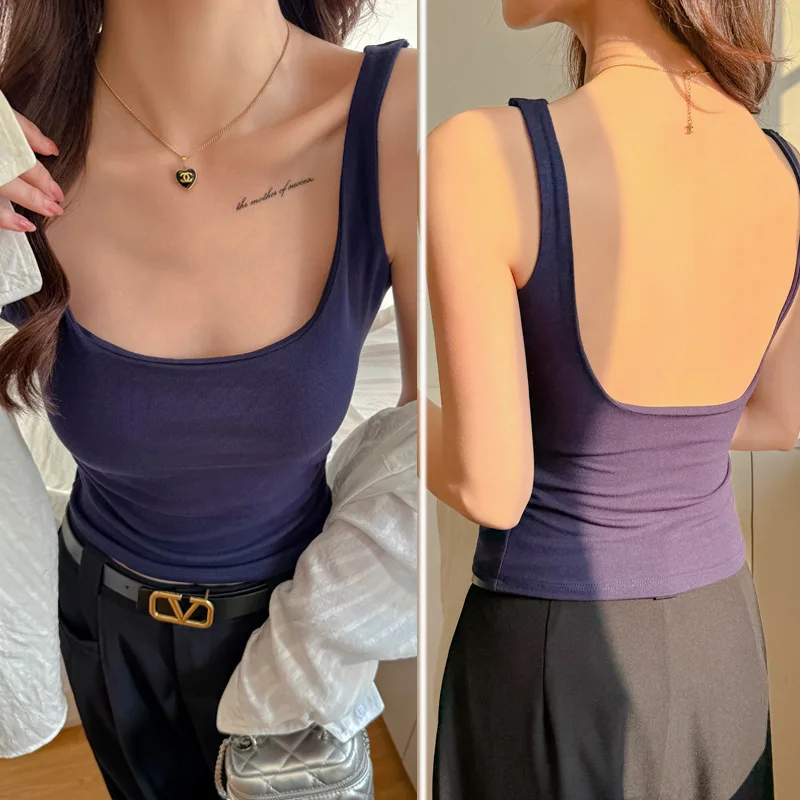 U-shaped Vest with Fixed Chest Cup for Women, Bottoming Straps for Inner Wear and Outer Wear, Slim Fit Top