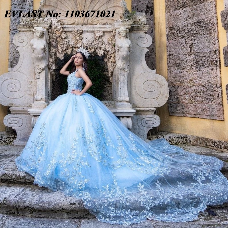 EVLAST-Glitter vestido de bola com lantejoulas brilhantes, diamantes frisados Applique, vestido azul Quinceanera, doce 16, XV 15, 15 anos, SQ156