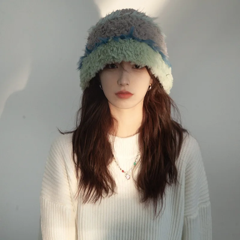 Women's Plush Rabbit Fur Beanie Hat Soft Warm Knitted Face Slimming Design for Big Head Autumn Winter Colorful Stocking Cap