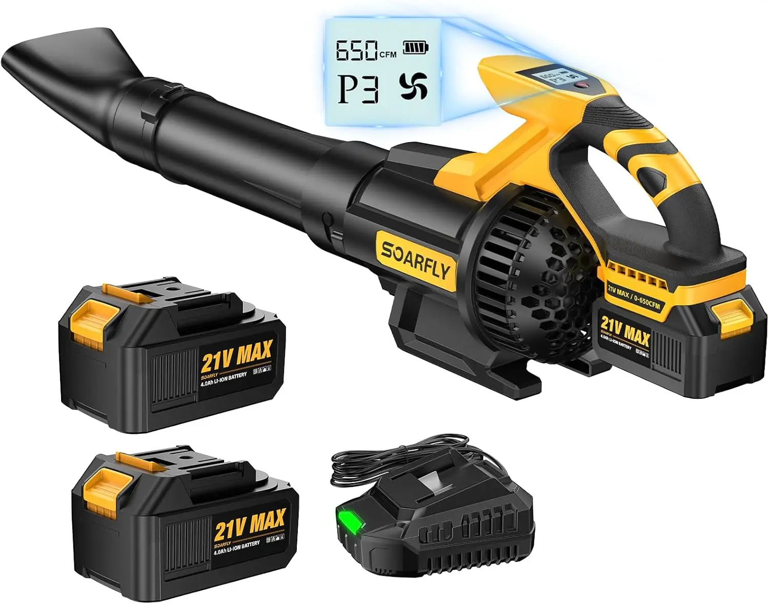 

Cordless Leaf Blower 650CFM, 3 Speeds, LCD Display, 2x4.0Ah Batteries, for Lawn, Leaves, Dust, Snow