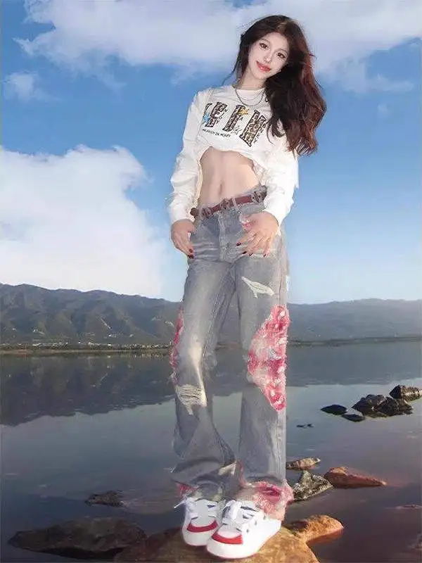 

American High Street Lace Splicing Design Straight Leg Jeans Women's Trendy Streetwear Extended Length Trousers