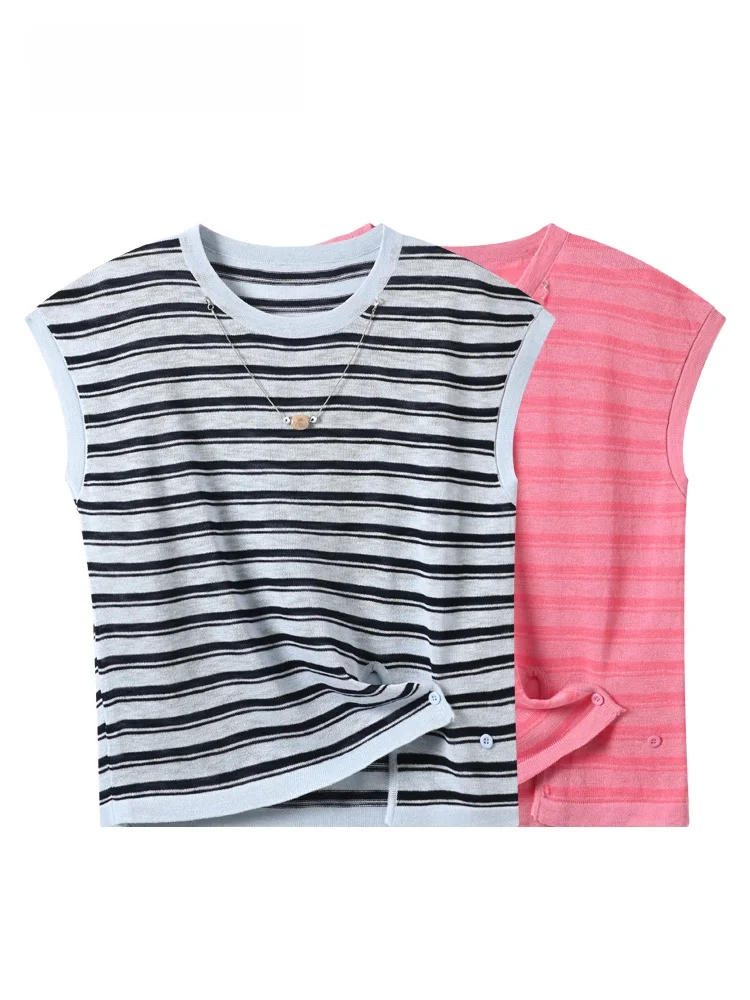

plus Size Sleeveless Vest Women's Summer New Style Plump Sister Slimming Stripes Versatile round Neck Top Casual Knitted Poly...
