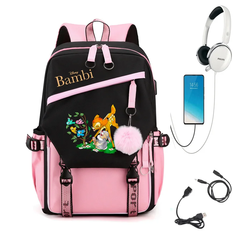 

MINISO Bambi Backpack for Girls Boys Teenager Rucksack Men Women Casual School Bags USB Charging Backpacks