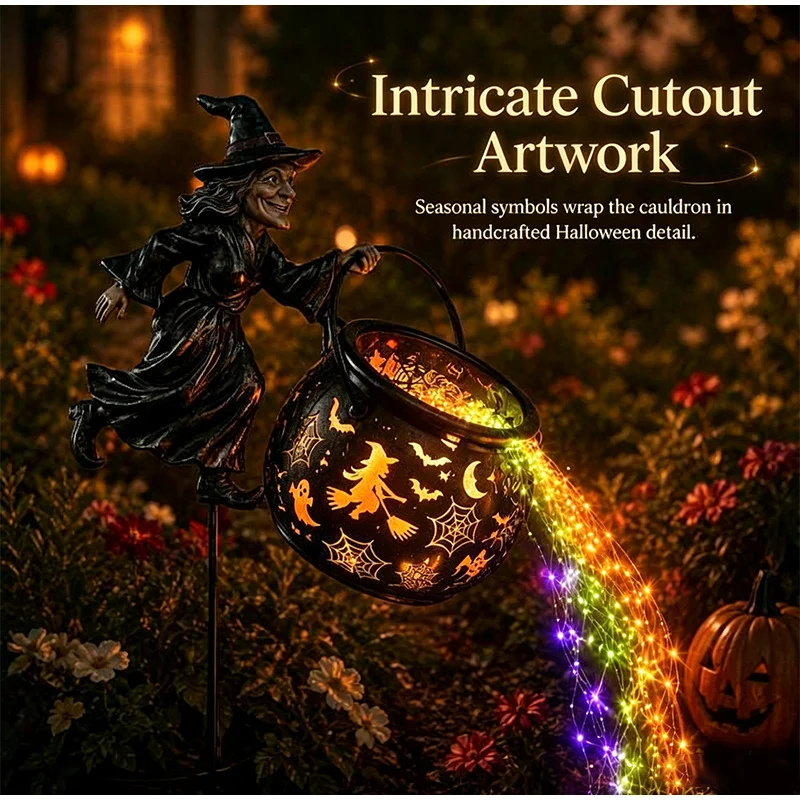 Halloween Flying Witch Cauldron Garden Light Colorful Cascading Lighting Effect Outdoor Lawn Patio Porch Yard Lamp Holiday Party