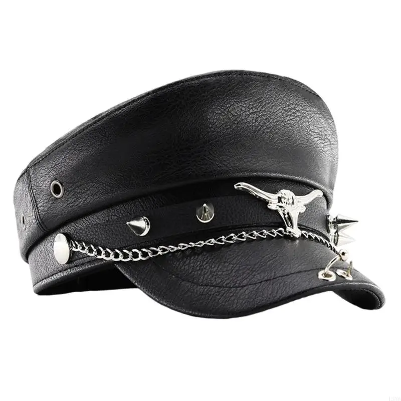 L5YA Bullhead Rivet Chain Detail Newspaper Boy Cap Adjustable Strap Fabric French Fashion Accessory