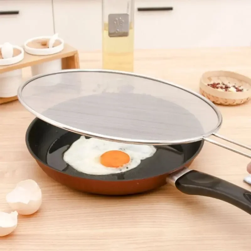 

1pc Stainless Steel Oil Splash Screen Circular Oil Shield Hollow Handle Anti Scald Used For Deep Frying And Cooking Tofu press