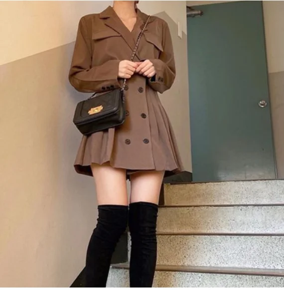 2023 New Style High Street Womens Fashion Cute Elegant Office Lady Double Breasted Button Notched Mini Blazer Dress