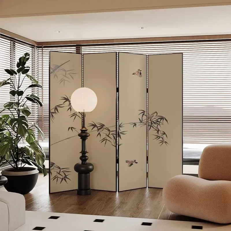 for French Medieval Ink Bamboo Screen Partition Folding Room Divider for Living Room Bedroom Entrance Sofa Background Home