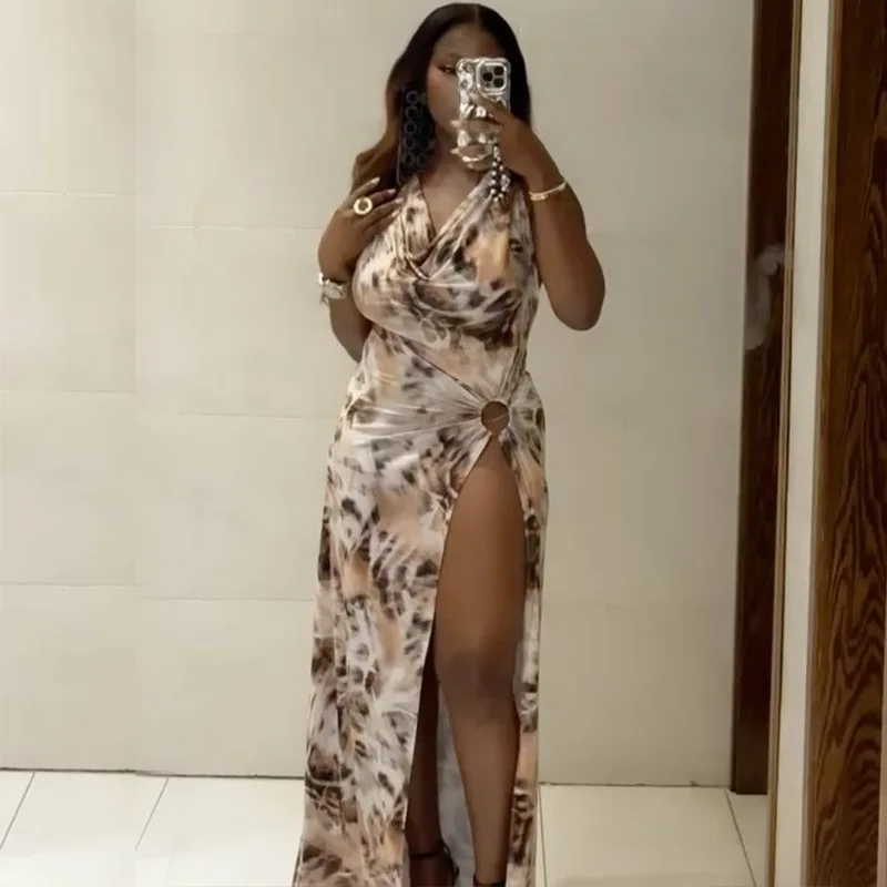 SKMY 2025 홀터넥 넥 이브닝 드레스 여성용 등이없는 하이 웨이스트 꽃 프린트 가운, 다목적 디자인의 우아한 하이 슬릿 맥시