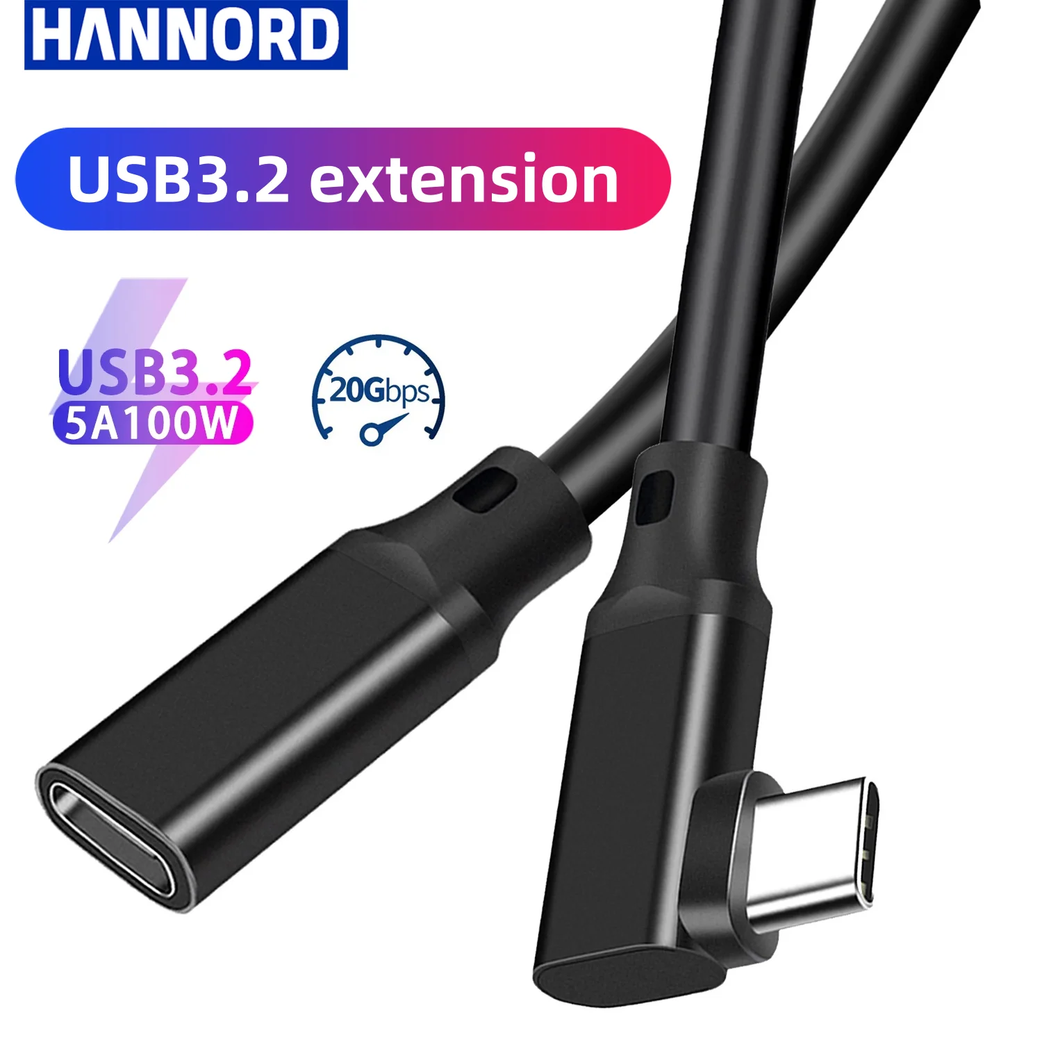 Hannord USB C Extension VR Link Cable 90 Dgree USB 3.2 Gen2 Elbow Extender PD100W 20Gbps Data Cord for Macbook Samsung Laptop