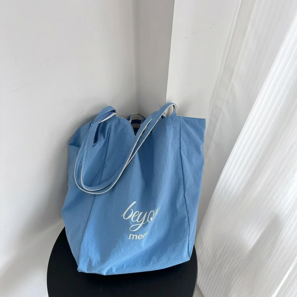 AB Double Sided Large Tote Bag Women Light Blue Canvas Handbag Reversible Striped Solid Design for Daily Shopping Travel image 5