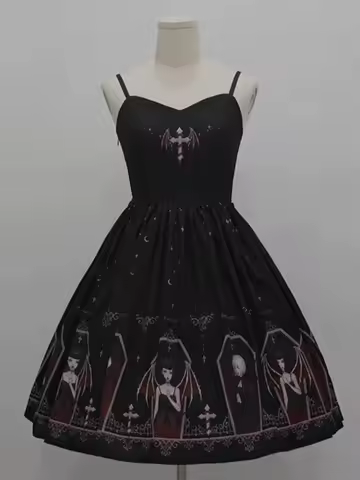 2000s Dark Gothic American Vintage Evening Party Dress Y2k Lolita Kawaii Slim Print Backless Strap Dress Japan Sleeveless Dress