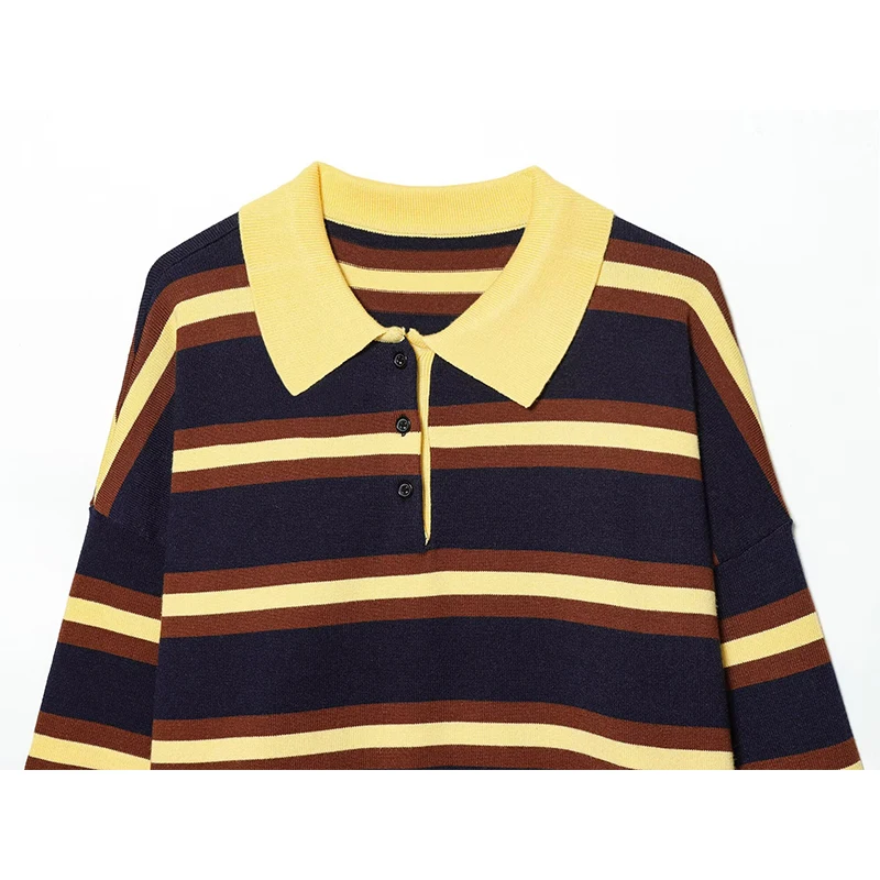 เสื้อสเวตเตอร์คอปกถักลายทาง YENKYE แขนยาว สไตล์ลำลอง สำหรับผู้หญิง แฟชั่นเก๋ไก๋