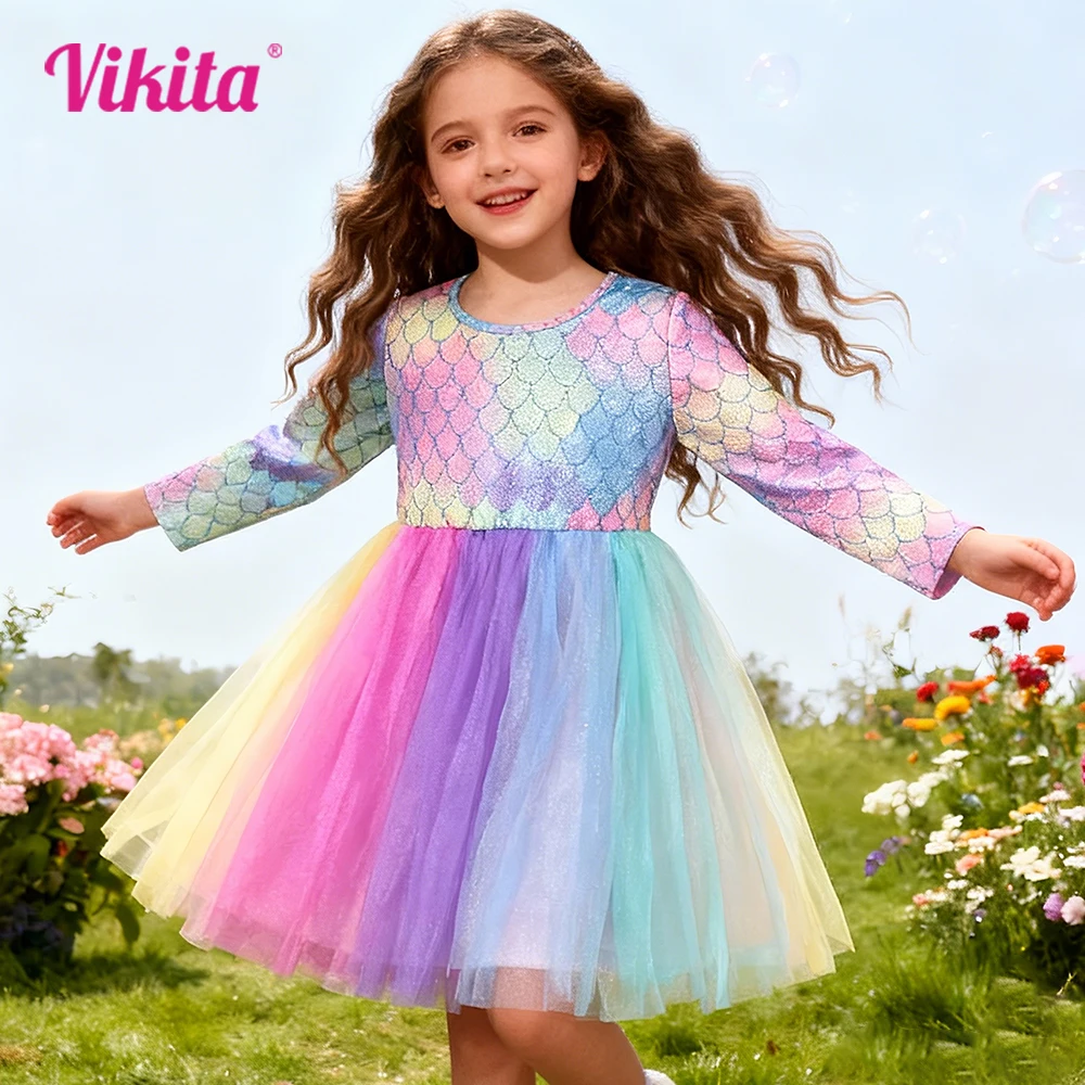 Vestidos de Niña con Mangas Largas, Suaves, de Poliéster Brillante, con Estampado de Escamas de Sirena, Arcoíris, para Niños, Casuales, Diarios, para Fiestas, Escolares