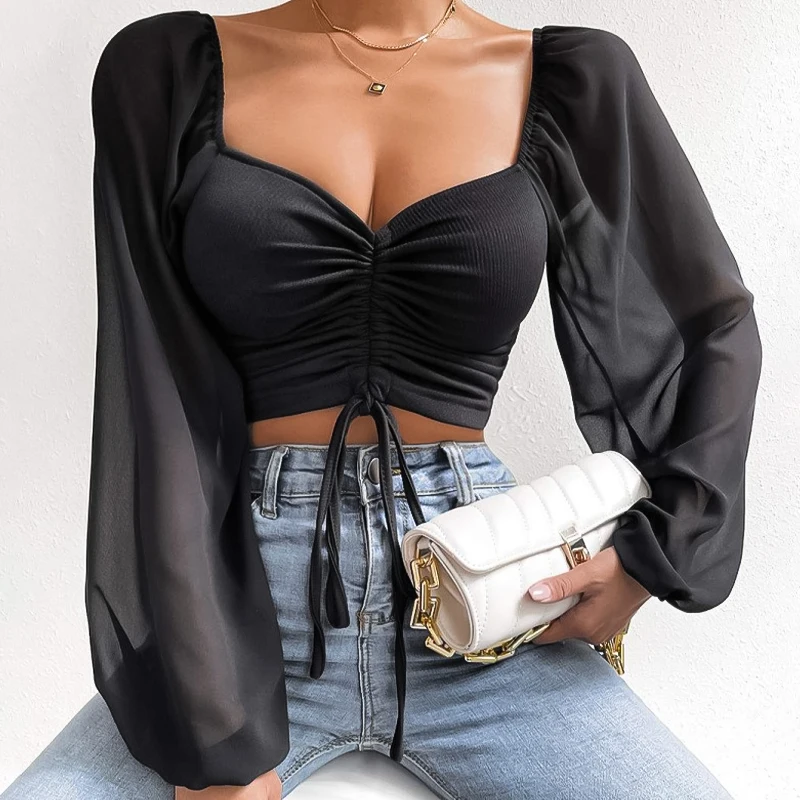 Women  Blouse V-neck Chiffon Long Lantern Sleeve Summer Spring Slim Sheath T-shirt Tops Drawstring Party Street Wear