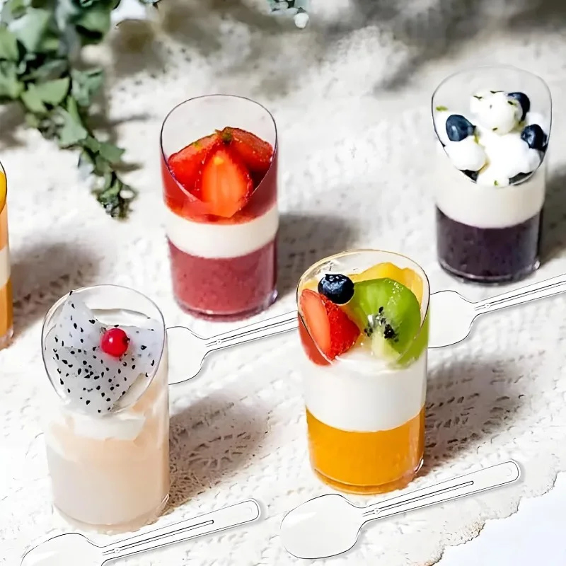 10/20PCS Disposable Slanted Cups Plastic Dessert Cups Ice-Cream Mousse Jelly Dessert Cups with Spoon Christmas Birthday Party