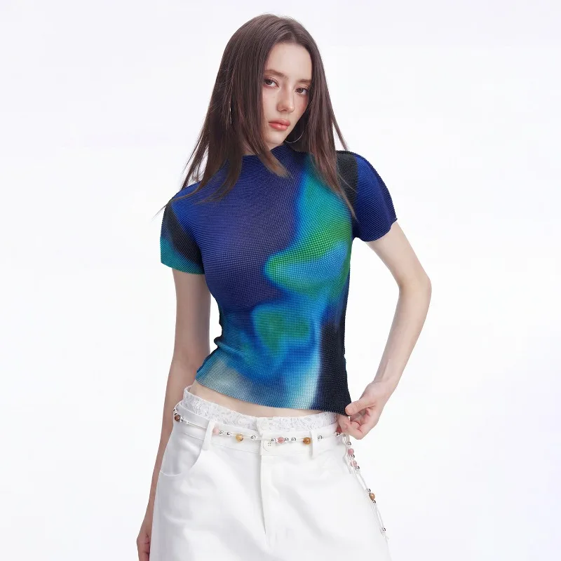 Miyake Pleated 2026 New Pleated Short Sleeve T-Shirt for Women Summer Slim Fit Elastic Pullover Corn Pleat Elegant Top Pleat