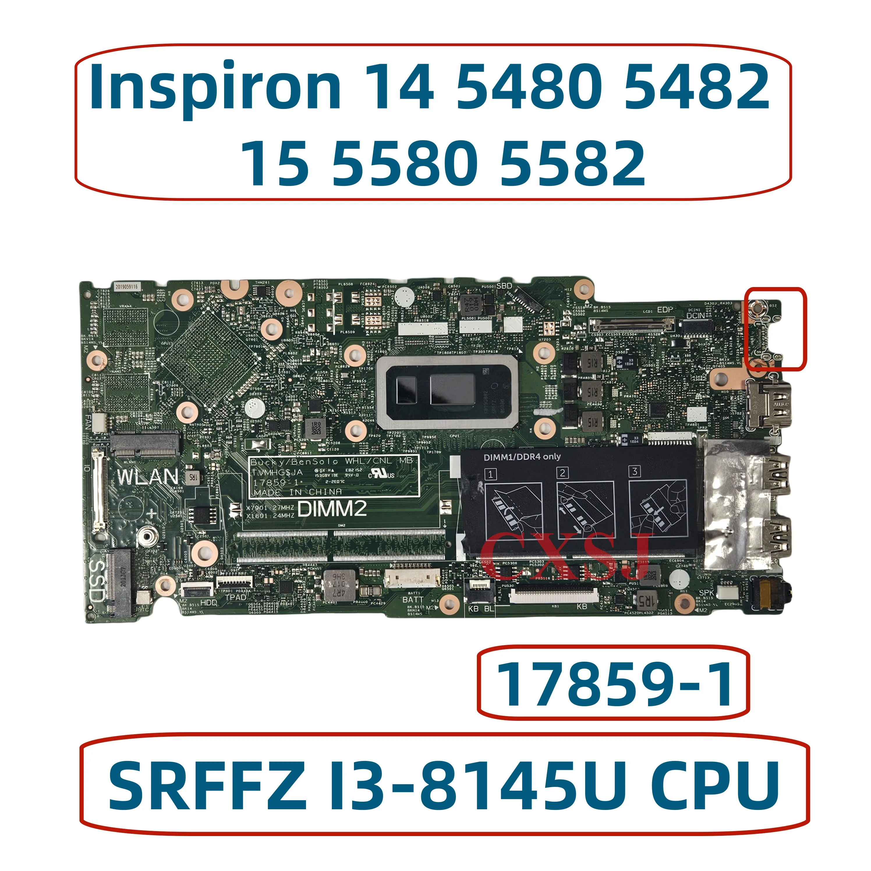 17859-1 Mainboard For Dell Inspiron 14 5480 5482 15 5580 5582 Laptop Motherboard With SRFFZ I3-8145U CPU DDR4 100% Test