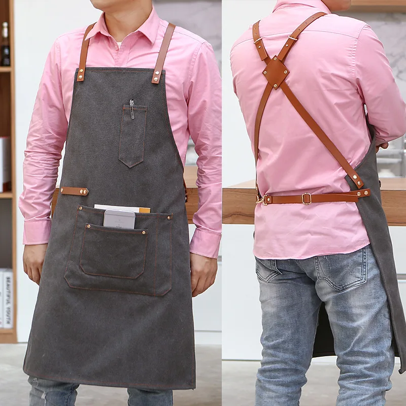 

Fashion Embroidered Apron Men And Women Denim Canvas Leather Belt Beauty Salon Coffee Shop Attendant Stylish Kitchen Workwear