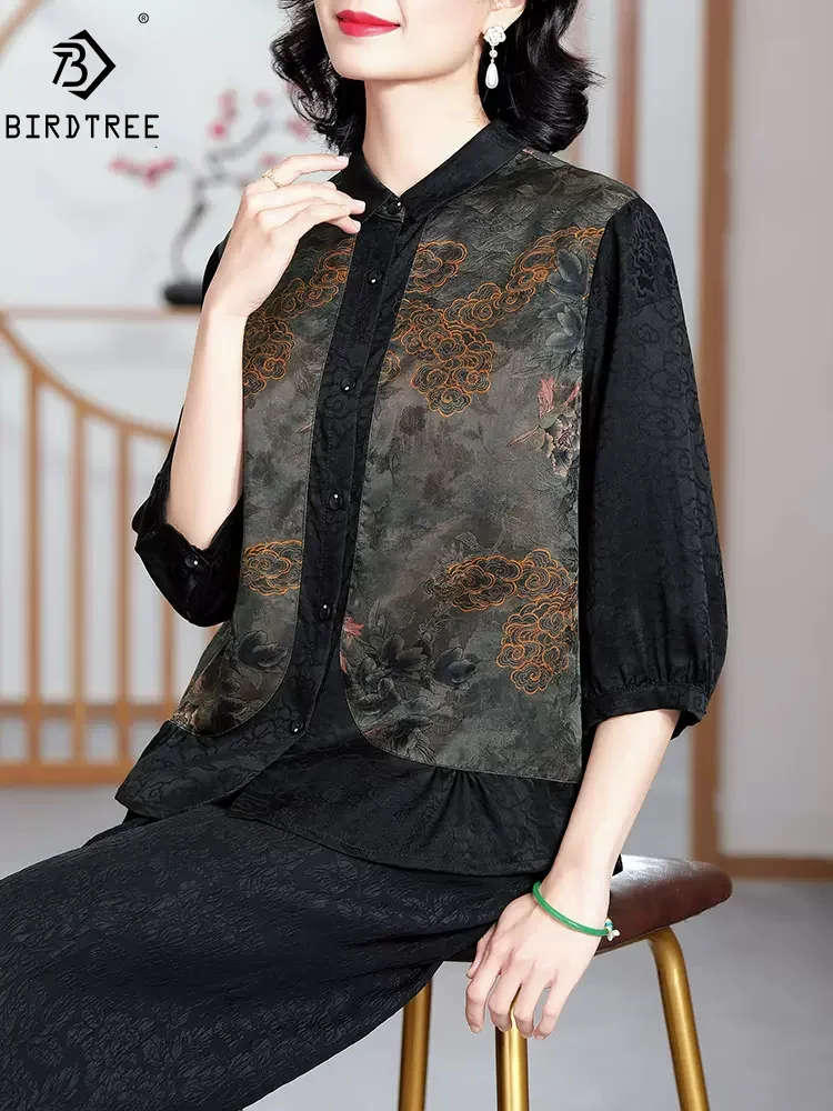 BirdTree, 100%Real Silk Retro Shirt, Women Watered Guaze Jacquard Patchwork, Oversize Loose Blouse, 2024 Spring Summer T43013QM